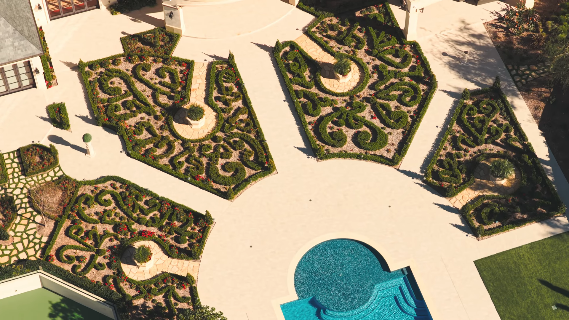 Overhead view of symmetrical planting and pathway maintenance